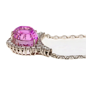 Collar con Colgante de Aleación Plateada para Mujer, Zafiro Rosa Ovalado con Detalles de Diamantes, Cadena de Eslabones, Estilo Clásico, Zafiro Creado en Laboratorio, Certificado IGI - Product Image 2