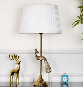 Brass Peacock Table Lamp White Fabric Drum Shade Large Traditional Design Warm <b>Light</b> Residential Use - Product Image 3