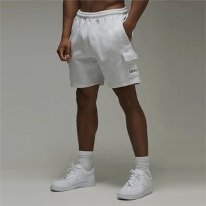 Shorts cargo blancs pour hommes, taille mi-haute, cordon élastique, décontractés, style Bermuda, avec poches, respirants, en coton tricoté - Product Image 1