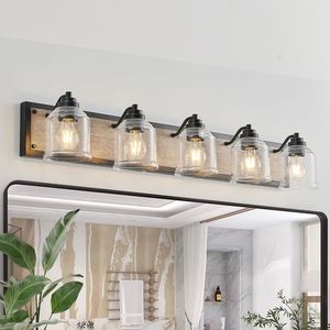 Lampada da parete per bagno stile rustico da 40 pollici a 5 luci con paralumi in vetro smerigliato trasparente e finitura in legno nero, design applique da parete - Product Image 1