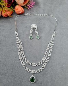 Classic Retro Silver Plated Double Layer TearDrop Pendant Necklace And Drop Earring Luxury American Diamond Wedding <b>Jewellry</b> Set - Product Image 3