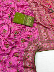 Sari en Soie Pashmina Premium Jacquard Floral Teint à la Main avec Blouse Contrastante et Bordure Designer Réversible – Idéal Toutes Saisons – Vente en Gros - Product Image 1