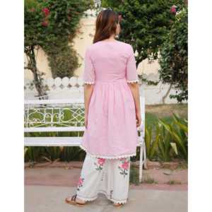 ชุดคุรตะผ้าฝ้ายสีชมพูกุหลาบ ลายบล็อกพิมพ์มือ แขนสามส่วน สไตล์ลำลอง ไซส์ XS - Product Image 1