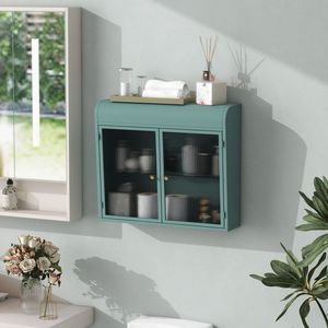 Armadietto Metallico a 2 Ante Verde Militare da Parete con Porte in Vetro Temperato per Bagno, Cucina o Soggiorno - Product Image 1