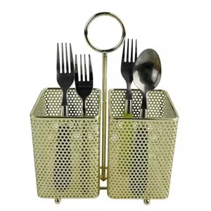 Modern Metal Double Tier <b>Kitchen</b> Utensil Holder Rectangular Rust Resistant Storage Rack for Tableware Standing Type <b>Caddy</b> - Product Image 1
