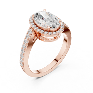 Anillo de compromiso de moissanita de corte ovalado con halo, diseño de pasamanos y tallo dividido, chapado en oro rosa sobre plata de ley para mujer - Product Image 4
