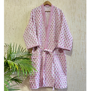 Peignoir en coton gaufré rose clair, imprimé à la main motif floral, pour femme, séchage rapide, léger, compressé, écologique, idéal pour hôtel - Product Image 1