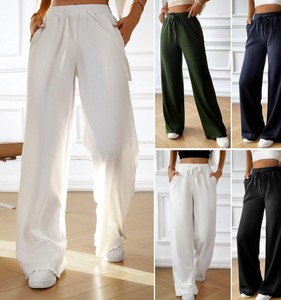 Women's Elastic Waist Solid Color 100% Cotton Canvas Autumn Casual Style Zipper Fly Straight Trousers Pants with Pockets - Product Image 2