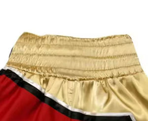 Shorts MMA pour hommes en satin bicolore, taille élastique, 100% coton, rouge, or, noir, blanc, avec bordure - Product Image 3