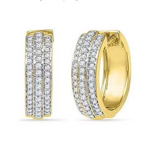 Boucles d'oreilles créoles en or jaune 10 carats avec diamants naturels de 1,20 carats au total |   Design classique à trois lignes |   Bijoux fins de luxe pour femmes, cadeau élégant - Product Image 3