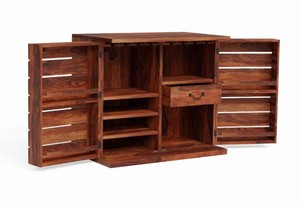 Teak Wood <b>Bar</b> <b>Cabinet</b> with Wine Storage and Glass Rack Freestanding Console for Modern Home Use - Product Image 3