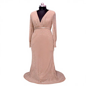 ชุดราตรีหรูหราประดับมุกสีพีช แขนยาว คอวี ทรงเมอร์เมด ชุดพรอมงานแต่งงานสุดหรู งานฝีมือประณีต ชุดเดรสยาวสำหรับงานปาร์ตี้ ปี 2026 - Product Image 1
