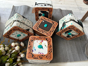 Nuevo estilo occidental hecho a mano con pelo en cuero de piel oculta cajas de joyería esencial casos mínimos con piedra turquesa - Product Image 5