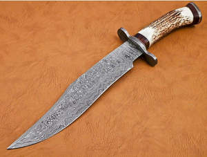 Cuchillo Bowie de Camping Hecho a Mano de Grado Industrial en Acero de Damasco con Mango de Cuerno y Funda de Cuero de 15 cm - Product Image 5