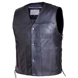 Chaleco de cuero negro personalizado para hombre, estilo motociclista, con cierre frontal a presión y cordones laterales, para club, ropa exterior, chaqueta sin mangas de cuero genuino. - Product Image 4