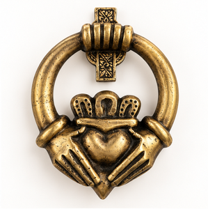 Timbre de puerta Claddagh en tono dorado con manos en forma de corazón y corona, inspirado en el estilo celta, herraje decorativo ornamental para puertas tradicionales. - Product Image 2