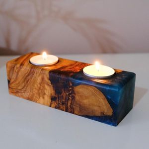 Porte-bougie rectangulaire en bois et résine pour bougies chauffe-plat, support de bougie de l'Avent, décoration rustique pour la maison pour Noël - Product Image 4