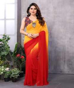 Designer Saree With Printed <b>Blouse</b> Indian Wedding Wear <b>Red</b> And Yellow Color Traditional Style Ready To Wear Sari For Women - Product Image 1