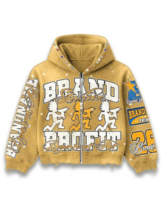 Custom Rhinestone Applique Embroidered <b>Lightweight</b> Fashion 500G Regular Washed Distressed Men Drawstring Four-Way Stretch <b>Hoodie</b> - Product Image 4