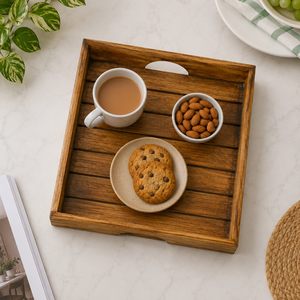 Handcrafted Wooden Decorative Serving Tray with Cutout Handles| Rustic Display Tray for Coffee <b>Table</b> Home Accent Organizer Decor - Product Image 3