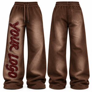 Pantalones deportivos holgados de cintura alta para hombre, pantalones jogger de pierna ancha con costuras en zigzag, logo con tachuelas y tela lavada - Product Image 1