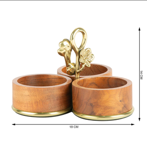 Luxury Wooden <b>Condiment</b> Bowl Set with Brass Handle Triple Serving <b>Tray</b> Dry Fruit Snack Holder Table Decor Stand - Product Image 3