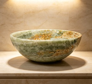 Lavabo Redondo de Cerámica para Encimera, Lavabo de Mármol Verde de Lujo, Lavabo Duradero para Baño - Product Image 1