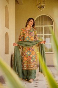 <b>Womens</b> Green Chinon Silk Sharara <b>Suit</b> Set With Aari Mirror Work Digital Print Pearl Dupatta Fully Stitched Festive <b>Wedding</b> - Product Image 3