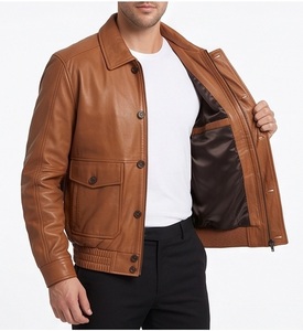 Wholesale Men Genuine <b>Leather</b> Winter Flight <b>Jacket</b> Front Logo <b>Brown</b> Bomber Coat Custom A2 Aviator Outerwear Supplier - Product Image 3