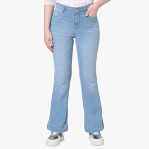Jeans de Mezclilla de Cintura Alta y Pierna Ancha para Mujer, Diseño Personalizado con Rasgaduras, Venta al Por Mayor - Product Image 1