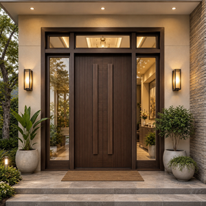 Puerta de Entrada Doble Clásica de Madera Maciza para Exterior con Paneles Laterales de Vidrio y Diseño de Franjas Decorativas GA-51S Villa Manual Swing - Product Image 1