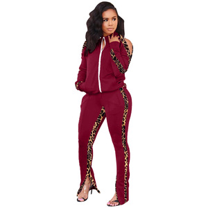 Ensemble 2 pièces pour femmes, imprimé léopard noir, haut à manches longues avec fermeture éclair, pantalon taille haute, vêtements de sport décontractés - Product Image 3