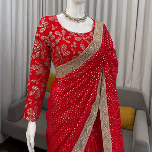 Luxury <b>Red</b> <b>Saree</b> Heavy Gold Embroidery Indian Bridal Wedding Diwali Prom Party Wear Floor-Length Lehenga Style Sari Quick Dry - Product Image 1