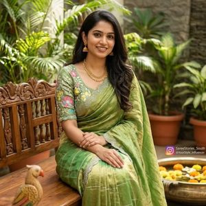 Sari en soie pure Fendi, sari en soie Siroshi avec broderie diamant, sari en soie Space Silk, blouse brodée Maggam, sari en soie résille richement brodé pour mariage - Product Image 1