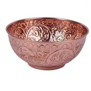 Bol en cuivre pur gaufré, fait main, motif floral antique, 400 ml, vaisselle décorative pour servir des noix, des salades et des fruits - Product Image 1