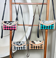 Sac Mini Pochette Bandoulière Femme en Cuir Véritable Noir et Blanc à Carreaux avec Chaînes Tendance Style Western