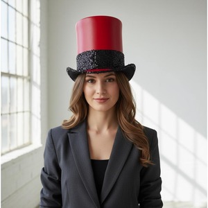 High Quality custom handmade Red Leather Ringmaster <b>Top</b> Hat Steampunk Circus Cosplay Statement Headwear - Product Image 5