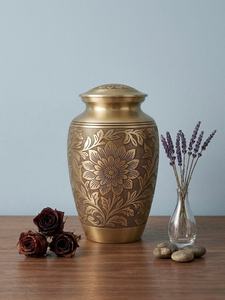 Brass Engraved Cremation Urn Adult <b>Memorial</b> Urn for Human Ashes Handcrafted Funeral Burial Urn - Product Image 2