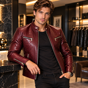 <b>Men</b>’s Purple Snake Embossed Genuine Leather <b>Biker</b> <b>Jacket</b> Giacca in Pelle Uomo Moto Custom OEM Wholesale Supplier - Product Image 6