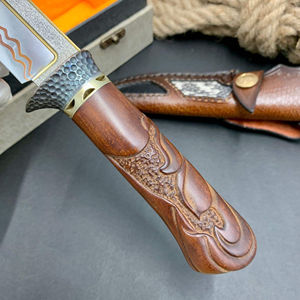 Customizable Hand-<b>Carved</b> Imported Sand Iron Wood Grain Gold-Clad Copper Damascus Collectible Stainless Steel Camping <b>Knife</b> - Product Image 4