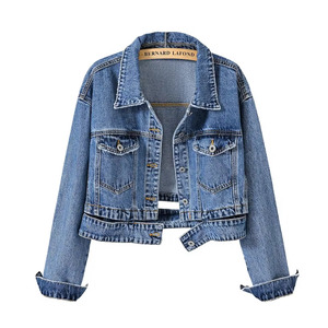Women <b>Cropped</b> <b>Denim</b> <b>Jacket</b> Casual Button Front Blue Jean Coat Long Sleeve Fashion Outerwear Streetwear Style - Product Image 3