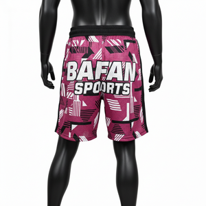 Shorts de sport pour homme en mesh de haute qualité, tissu polyester mesh, imprimé abstrait bordeaux et blanc, logo personnalisé, shorts de sport pour homme. - Product Image 2