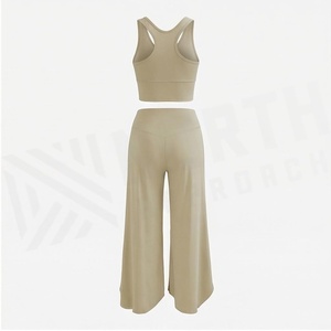 North Approach 2 Piece Yoga Set Ruched Tank Top High Waist Wide Leg Pants Solid Beige Breathable Seamless Women's Sportswear - Product Image 2