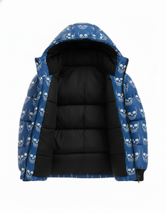 Blouson matelassé à capuche pour homme, imprimé crâne bleu, chaud pour l'hiver, style streetwear, vente en gros personnalisée - Product Image 4