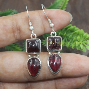 Boucles d'oreilles pendantes en argent sterling 925 avec grenat naturel, faites à la main, forme carrée et goutte d'eau, bijoux en pierres précieuses grenat, cadeau pour femme - Product Image 6