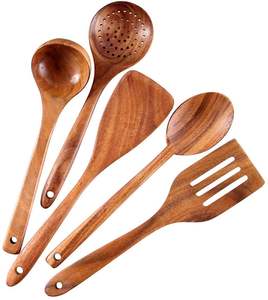 Juego de cucharas de madera hechas a mano para cocinar en la cocina con espátula, cuchara volteadora y cuchara mezcladora para preparación de alimentos - Product Image 4