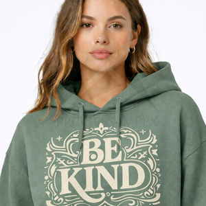 Sweat-shirt à capuche court vert pour femme, imprimé « Be Kind », en coton décontracté avec poches, pour l'automne - Product Image 3