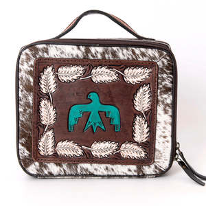 Ethnic Genuine Leather Jewelry Case with Cowhide Pattern and Turquoise Bird Design Zipper Closure Durable Storage <b>Box</b> - Product Image 1