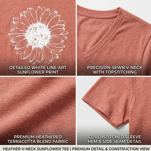 Camiseta de algodón lisa con estampado de girasoles personalizado para mujer, cuello en V, manga corta, corte ajustado, fabricante de tops gráficos femeninos. - Product Image 6