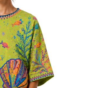 T-shirt graphique oversize vert lime pour femme, imprimé océan coloré, décontracté, en coton, streetwear, coupe ample, été, personnalisable, OEM, vente en gros - Product Image 5